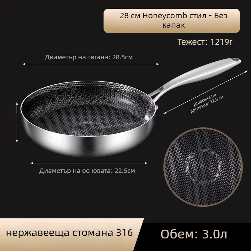Тиган с незалепващо покритие за палачинки и пържоли, 316 неръждаема стомана, индукционно съвместим, многослойно дъно, стъклен капак, тегло 2 кг, Steel Laimei