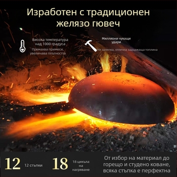 Тиган от ковано желязо с огледална повърхност, ръчно кован, без покритие, с едно дъно, тегло 1,15–1,75 кг, подходящ за газова печка
