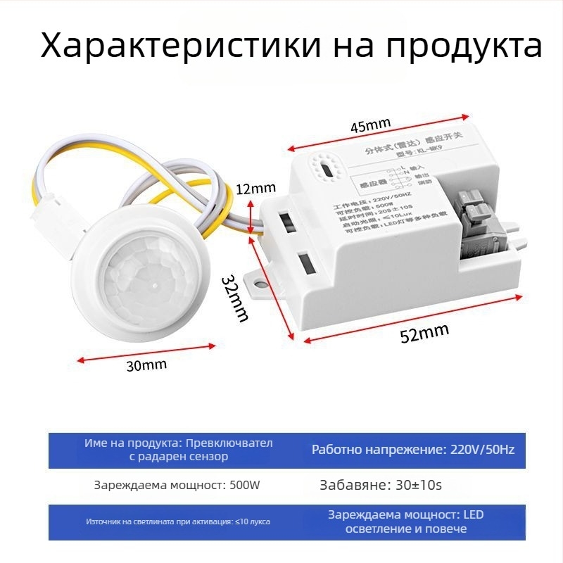Инфрачервен модул за човешки сензор с интелигентно забавяне за управление на осветлението, сензор за светлина; забавяне 30–40 s; напрежение 110–240 V AC или 12–36 V DC; подходящ за шкафове, дозатори за сапун и осветителни устройства