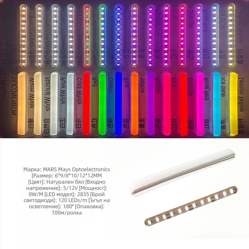 LED разделена неонова лента — гъвкава силиконова, водоустойчива за външна реклама; 8W/m, 5/12V, 110/120 светодиода (2835), 120° лъч, 50 000 ч живот