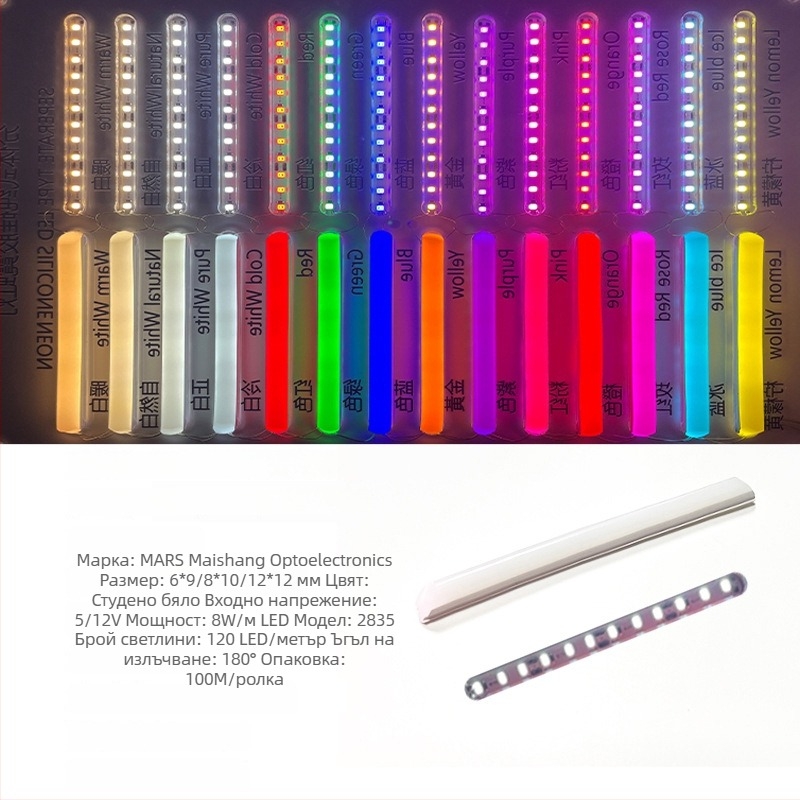 LED разделена неонова лента — гъвкава силиконова, водоустойчива за външна реклама; 8W/m, 5/12V, 110/120 светодиода (2835), 120° лъч, 50 000 ч живот