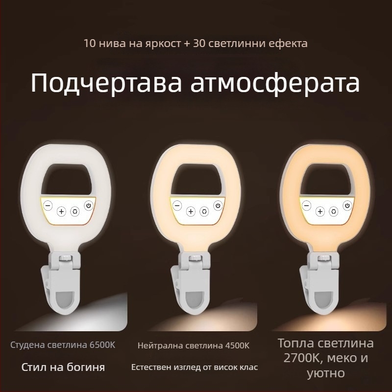 Портативна светлина за фотография – компактна ръчна светлина за стрийминг на живо и снимане (5V, <10W, 2700–7500K, регулируема яркост, регулируема цветова температура)