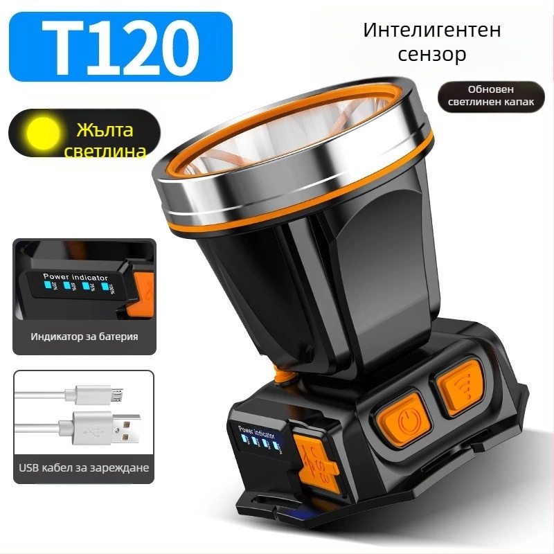 Налобен LED фенер за открито – 10W, 2200mAh, ръчно задвижване, обхват 200–500 м