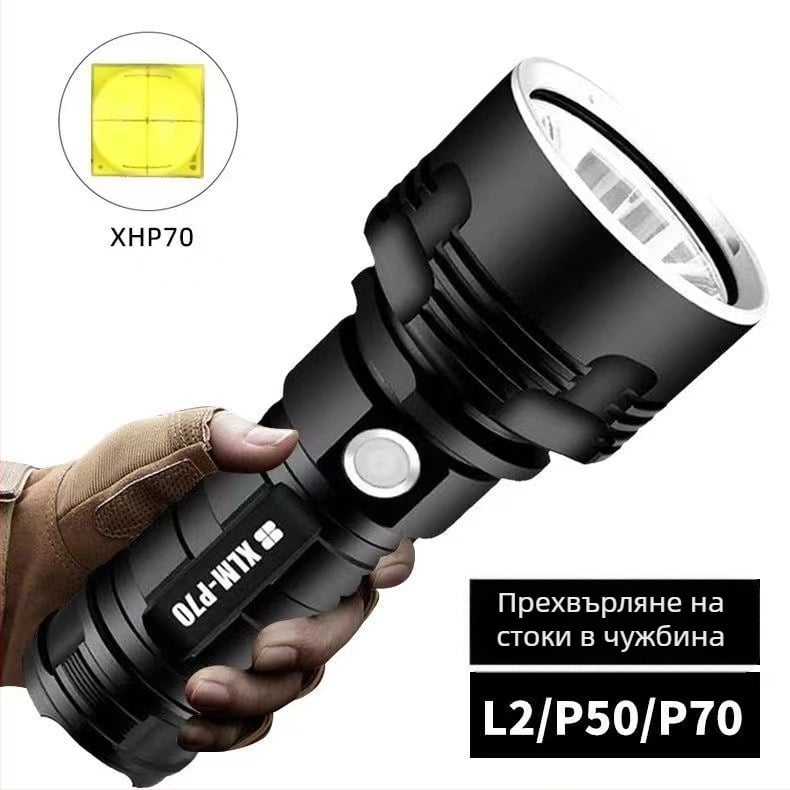 P70 LED фенер с 50W, 6800mAh, обхват до 500 m, алуминиева сплав, USB зареждане