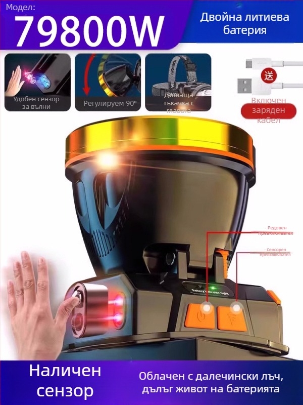 Челна лампа за нощен риболов, презареждаща се, 1200mAh батерия, LED мощност 10W, алуминиев корпус, обхват 200–500 m