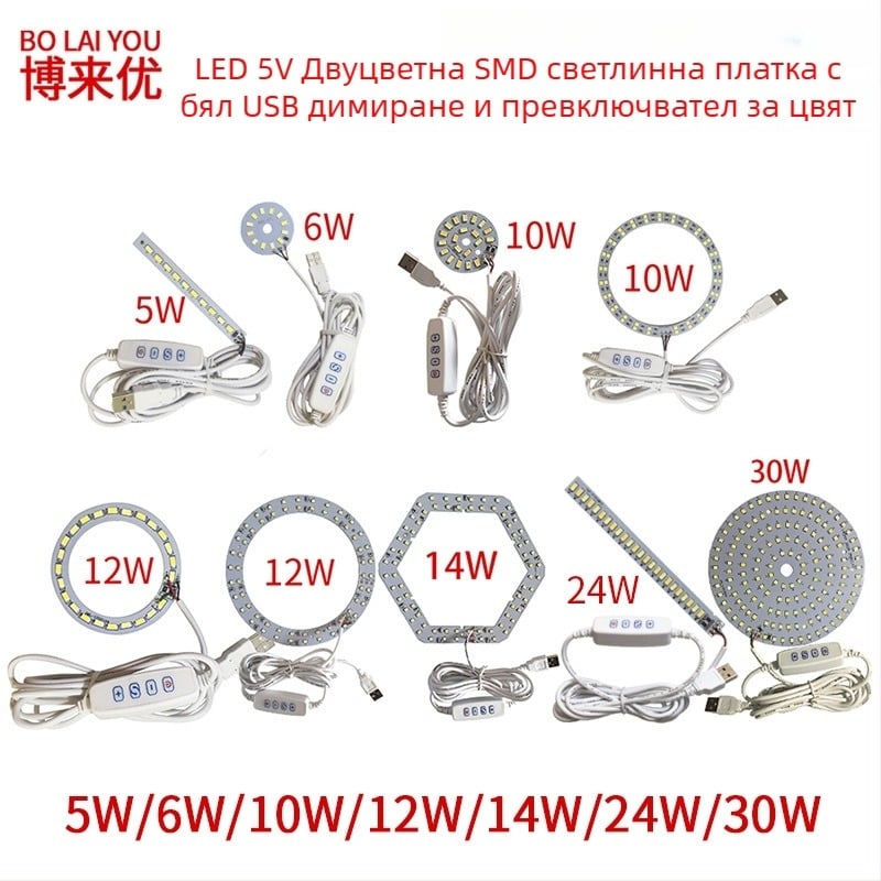 LED USB настолна лампа с регулируема яркост, 5V USB захранване, бутонен превключвател, алуминиев абажур, метален държач