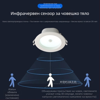 Вградена LED downlight с радарен датчик за движение, скрита инсталация, интелигентно управление, мощност 6–10W, напрежение 220V