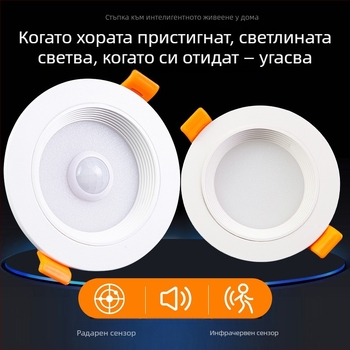 LED downlight със сензор за човешкото тяло, инфрачервен радар и гласово управление, скрит монтаж, 220V, LED чипове 2835 x10, 6500K