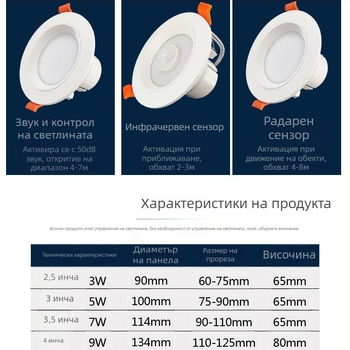 LED downlight със сензор за човешкото тяло, инфрачервен радар и гласово управление, скрит монтаж, 220V, LED чипове 2835 x10, 6500K