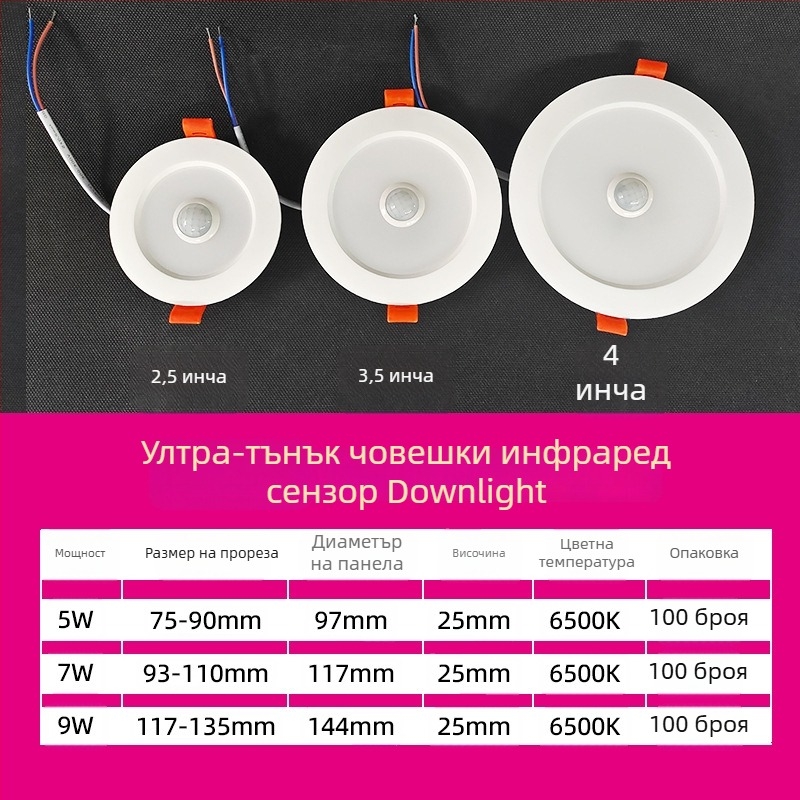 LED downlight със сензор за човешкото тяло, инфрачервен радар и гласово управление, скрит монтаж, 220V, LED чипове 2835 x10, 6500K