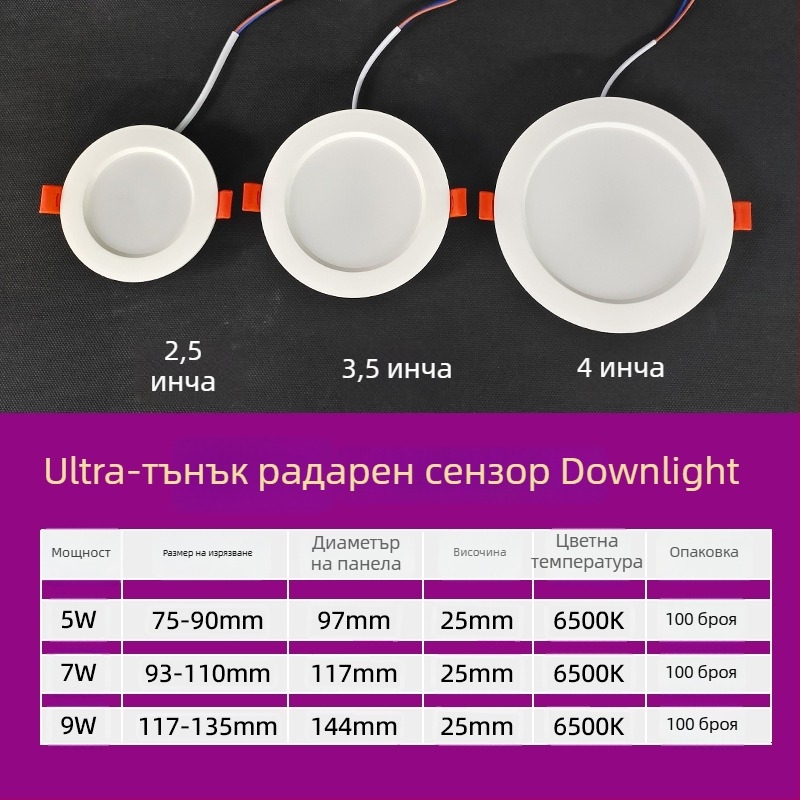 LED downlight със сензор за човешкото тяло, инфрачервен радар и гласово управление, скрит монтаж, 220V, LED чипове 2835 x10, 6500K