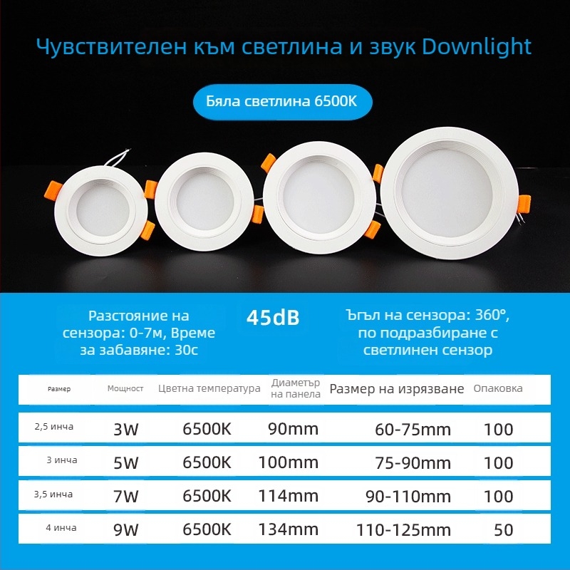 LED downlight със сензор за човешкото тяло, инфрачервен радар и гласово управление, скрит монтаж, 220V, LED чипове 2835 x10, 6500K