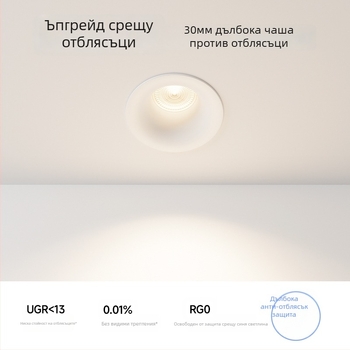 LED downlight без рамка с извит профил, антиотсветляващ дизайн, вграден монтаж COB LED, 220V, алуминиево тяло, отвор 75 мм, общ размер 82 мм, 3000–6000K