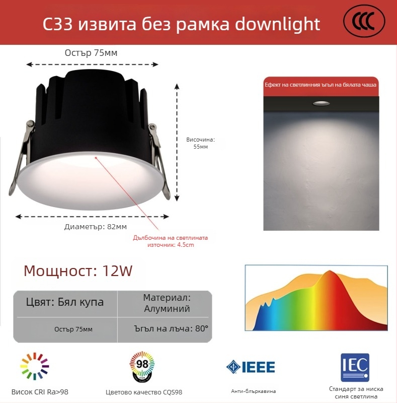 LED downlight без рамка с извит профил, антиотсветляващ дизайн, вграден монтаж COB LED, 220V, алуминиево тяло, отвор 75 мм, общ размер 82 мм, 3000–6000K