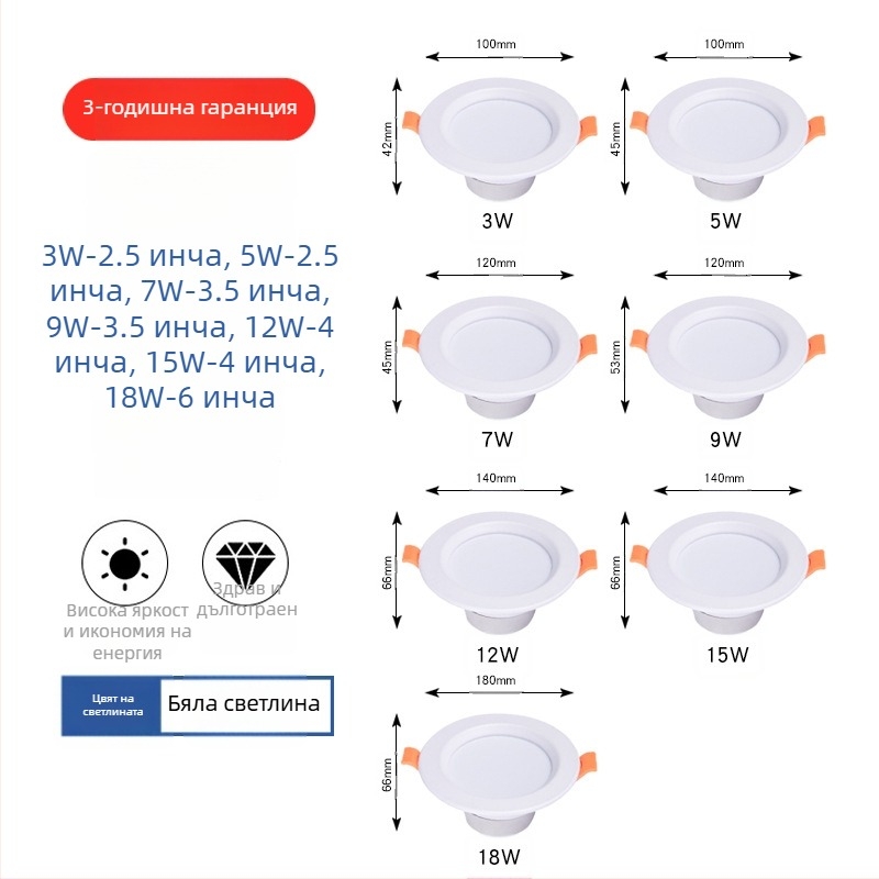 Ултратънък LED даунлайт, вграден антиблясък, трисцветно димерене, 6000K, 220V