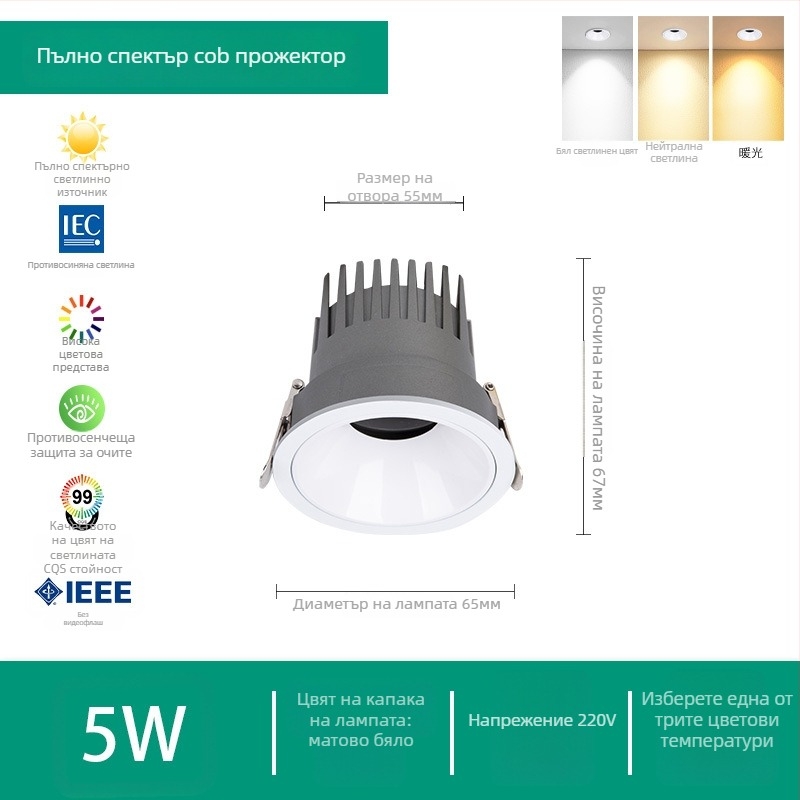 LED прожектор за дома, вградено таванно осветление, 220V, Puri чип, алуминиев корпус, управление чрез превключвател