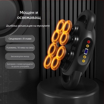 Fascia Gun масажор за мускули - 4 глави, мотор с четки, вградена батерия 1200–2000 mAh, LCD дисплей, 5+ скорости (шум под 36 dB)
