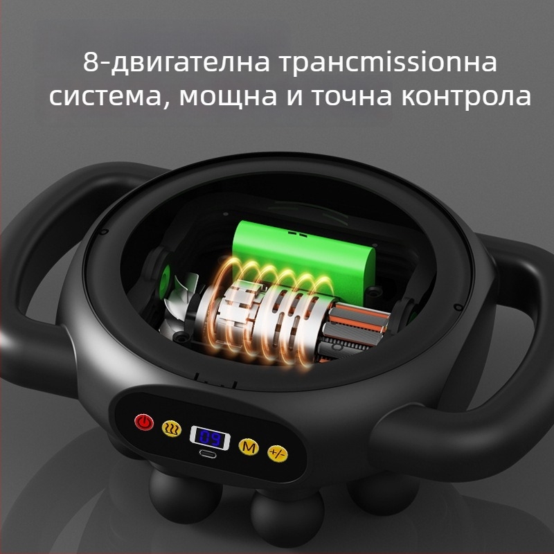 Fascia Gun масажор за мускули - 4 глави, мотор с четки, вградена батерия 1200–2000 mAh, LCD дисплей, 5+ скорости (шум под 36 dB)