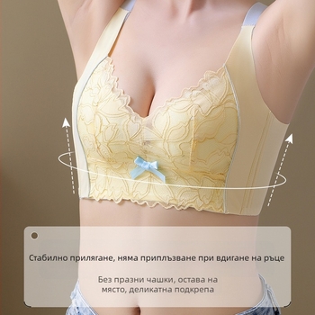 Бюстие с 3/4 чашка, чашките имат горна тънка и долна по-дебела форма, фиксирани двойни презрамки, задно закопчаване с пет реда куки