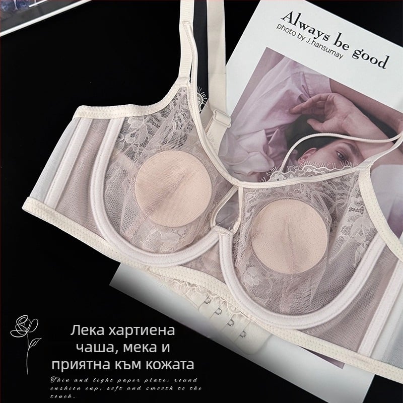 Дантелен сутиен от найлон с ултра тънки формовани чашки, памучна подплата, фиксирани презрамки и закопчаване с три реда копчета на гърба