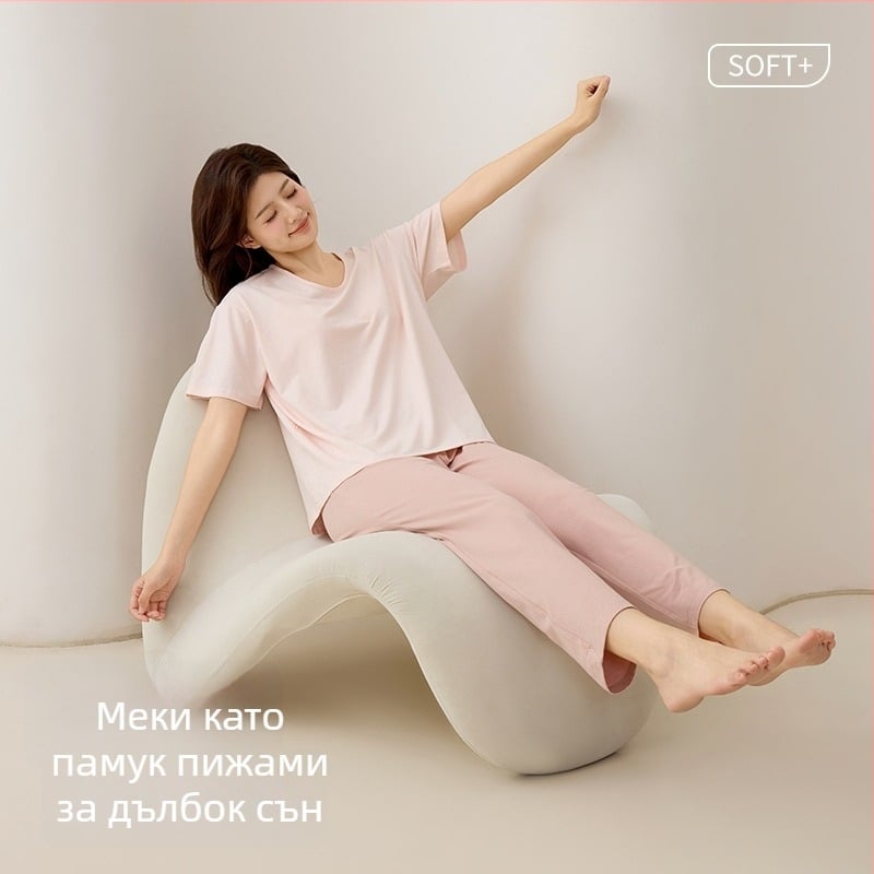 Lyocell дамски домашен комплект пижами – антибактериален, дишащ, лека материя, кръгло деколте, 3/4 ръкав, къси панталони