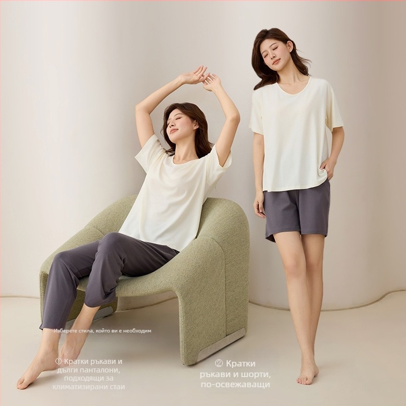 Lyocell дамски домашен комплект пижами – антибактериален, дишащ, лека материя, кръгло деколте, 3/4 ръкав, къси панталони