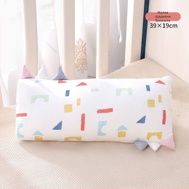 Детска възглавничка, правоъгълна, с бамбукови влакна и памучно ядро, нисък профил 1–5 см, карикатурен стил