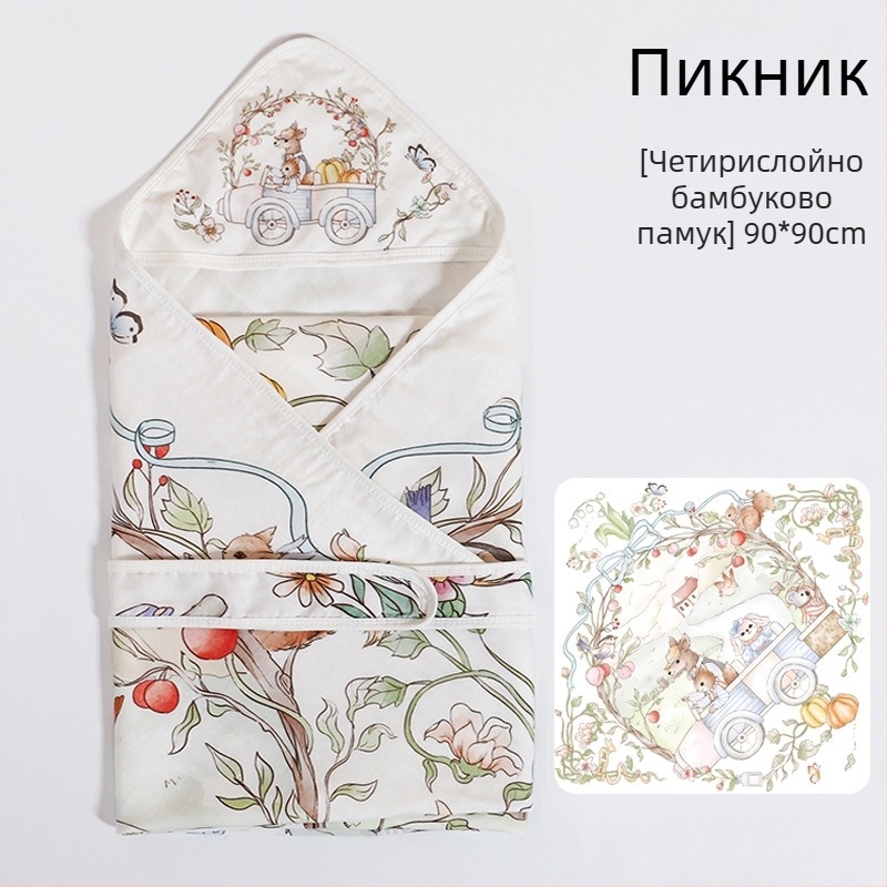 Завивка за новородено от бамбукови влакна, лятна тънка версия, до 0,5 кг, карикатурен дизайн