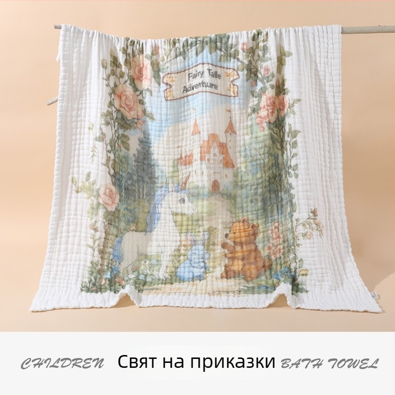 Бебешка кърпа за баня - 100% памук, 6‑слойна марля, за новородени, абсорбираща пелена за увиване, мультяшен принт, бързо изсъхваща, 300–400 г