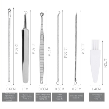 Комплект от 6 игли за акне, неръждаема стомана — включва игла за черни точки, пинсети и клип за акне