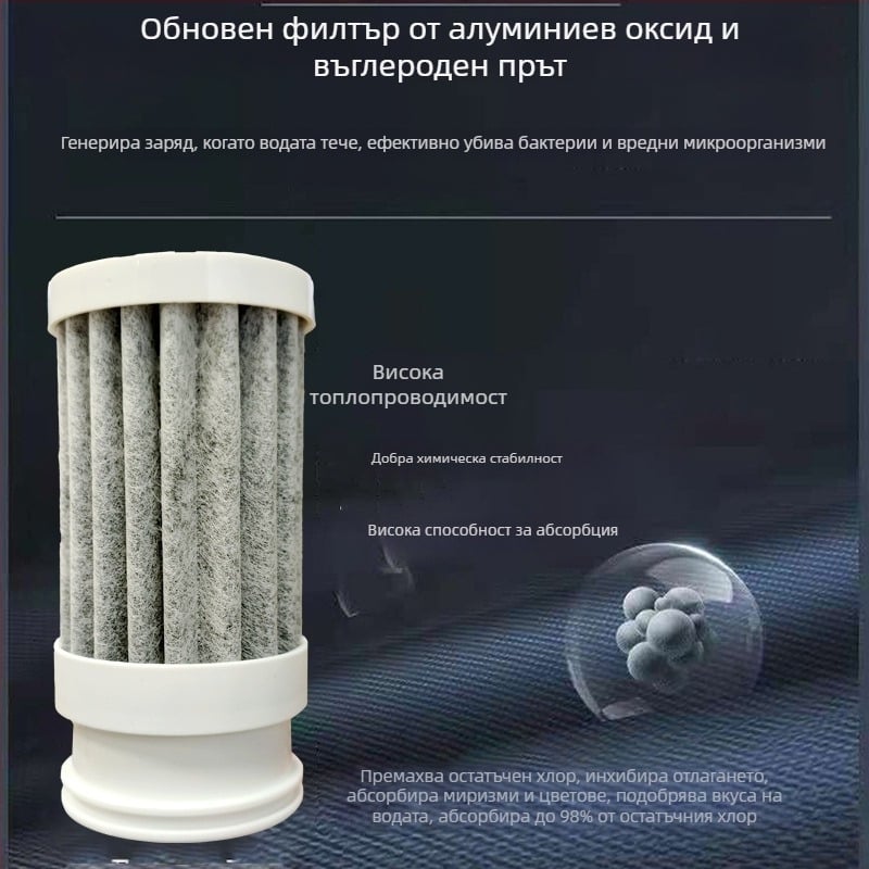 Елемент за филтър на воден кран: синтеризиран въглерод, PP памук и ABS корпус; капацитет 2 л/мин; универсален модел; предназначен за премахване на тежки метали.