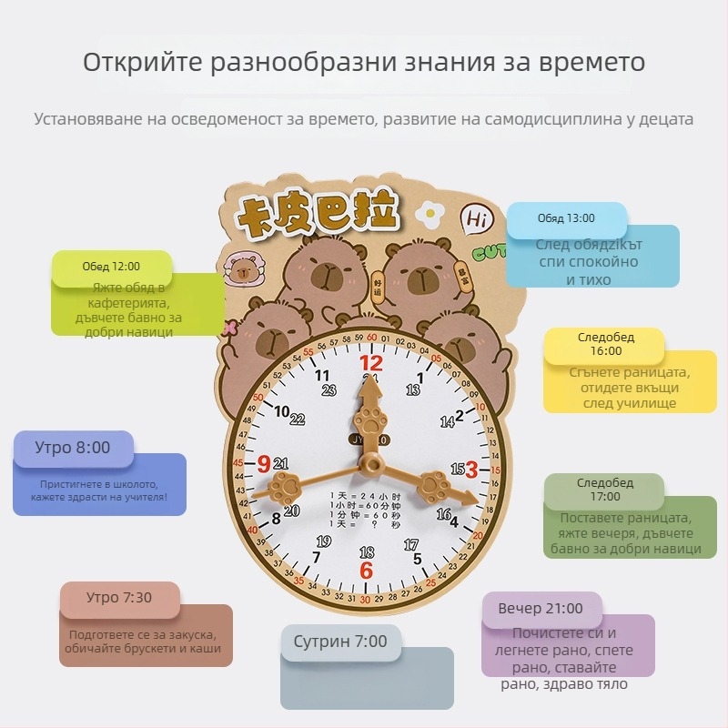 Образователен часовников модел за учене на часа – картон и пластмаса; подходящ за деца 7–14 години; опаковка в мрежеста торба; развива интелектуално развитие, практическо обучение и интерактивна игра.
