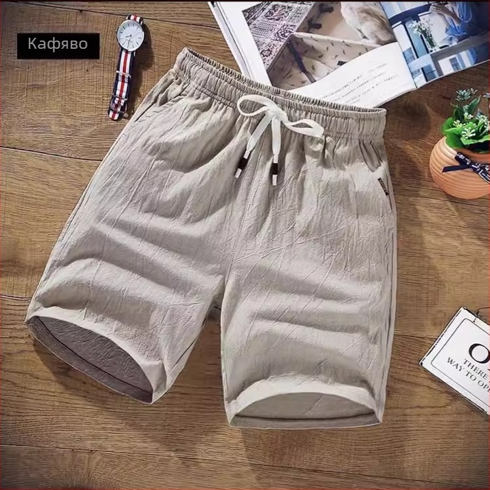 Мъжки къси панталони, свободна кройка, средна талия, с връзка за завързване и колан, едноцветни, полиестерна смес