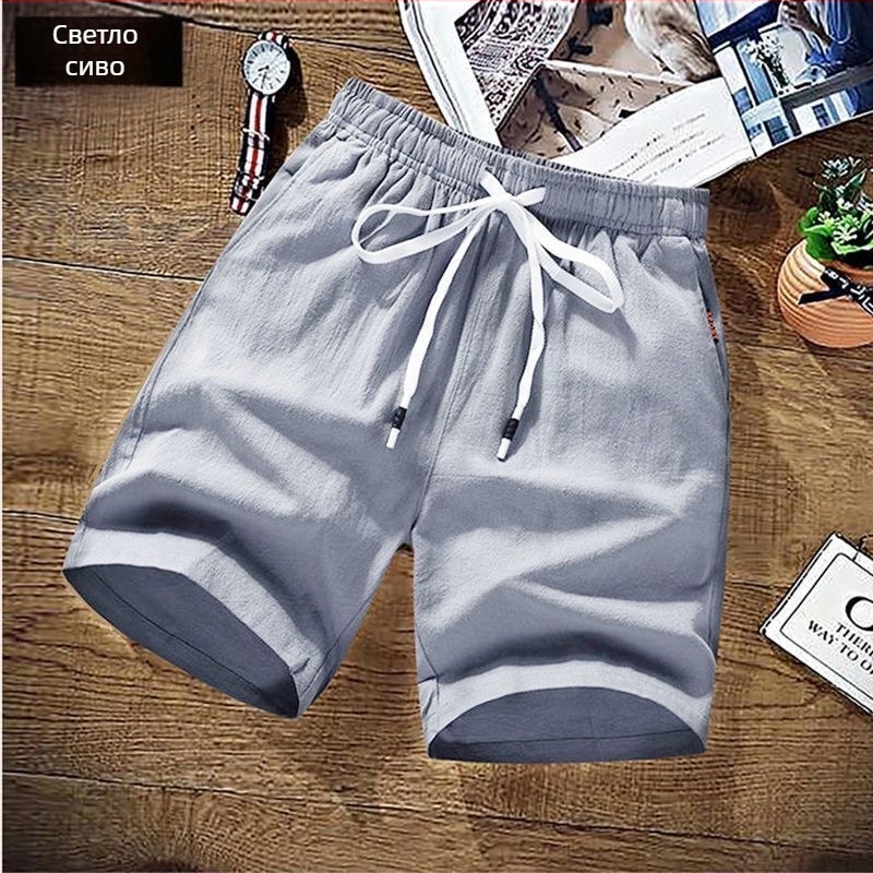 Мъжки къси панталони, свободна кройка, средна талия, с връзка за завързване и колан, едноцветни, полиестерна смес