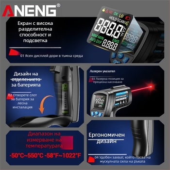 ANENG инфрачервен термометър за индустриална употреба — 0,5 сек реакция, AA батерия