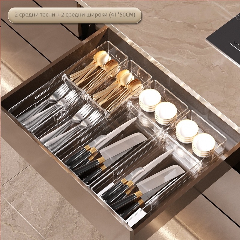 Органайзер за чекмеджета с подвижна преграда; прозрачен PET; подов монтаж; едно ниво; персонализиран