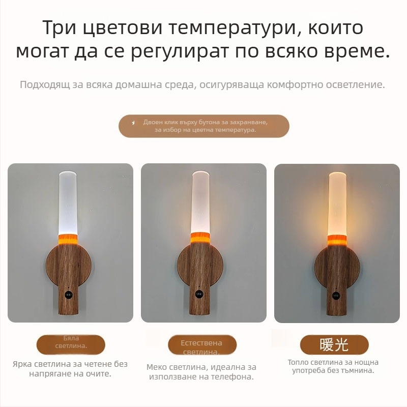 Нощна светлина с датчик за движение, имитация дърво, вградена батерия, 5V, PVC абажур, RoHS съвместима