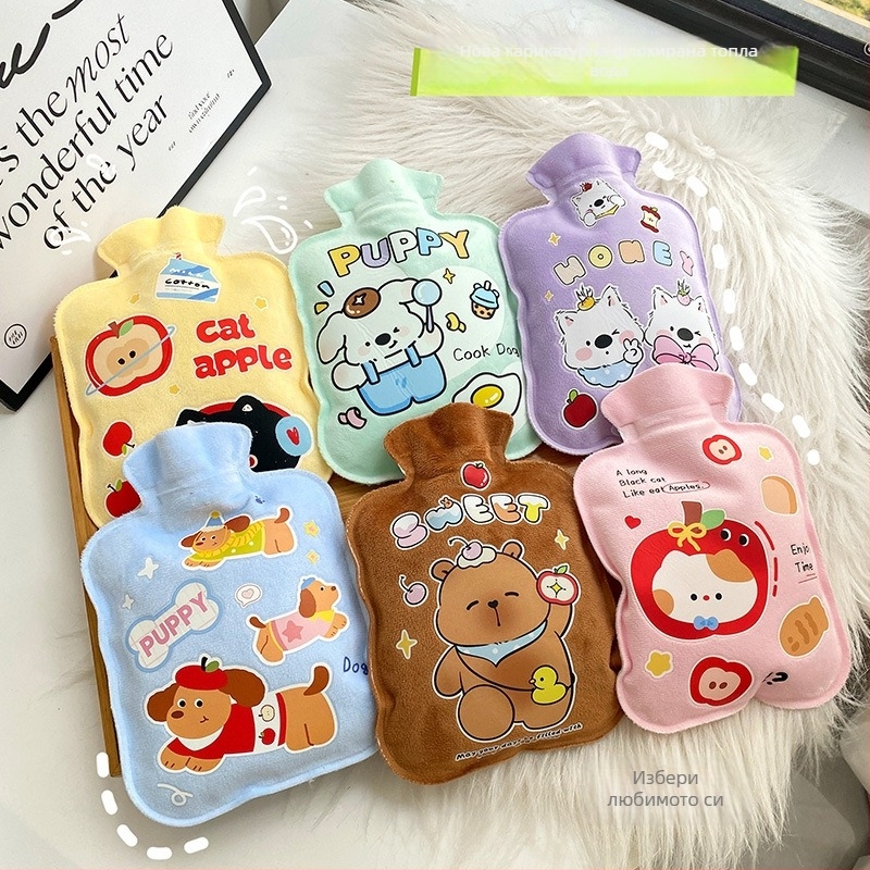 Бутилка за гореща вода, пълна с вода – плюшена велур Teddy, карикатурен стил, подходяща за ръце, крака и корем, нагряване чрез водно injektirane, 38 g