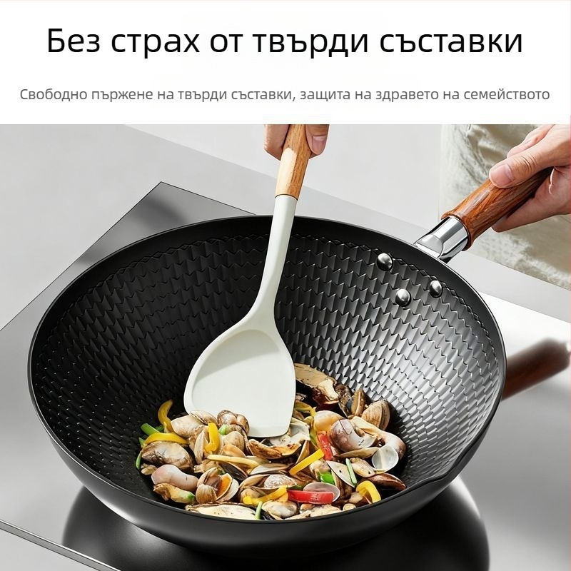 Уок от ковано желязо с незалепваща повърхност, едно дъно, подходящ за индукционни и газови котлони