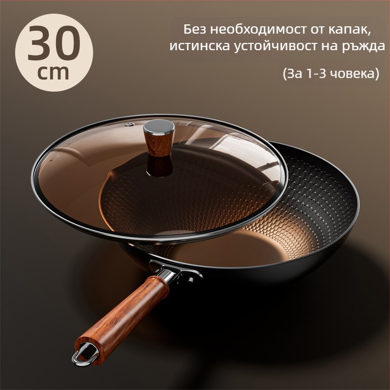 Уок от ковано желязо с незалепваща повърхност, едно дъно, подходящ за индукционни и газови котлони