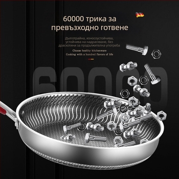 Без покритие 316L неръждаема стомана тиган за пържене с многослойно дъно, съвместим с индукционни и газови котлони, капак от неръждаема стомана със стъклен капак