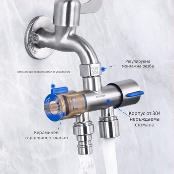 304 неръждаема стомана двуконтролен ъглов клапан, 1 вход/2 изхода, 3-ходов разпределител с превключвател, стенен монтаж