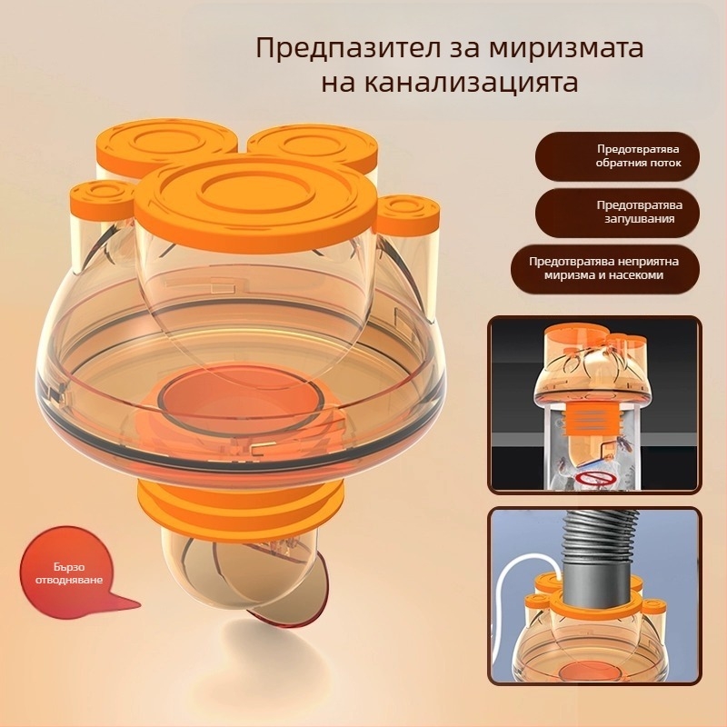 Кухненска уплътнителна запушалка за дренаж с триглав дизайн против миризма, ABS материал, модел 001, модерен минималистичен стил.