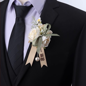 Forest стил сватбен комплект бутониера и корсаж с изкуствени цветя, адхезивно изпълнение, възможност за печат на лого