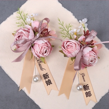 Forest стил сватбен комплект бутониера и корсаж с изкуствени цветя, адхезивно изпълнение, възможност за печат на лого