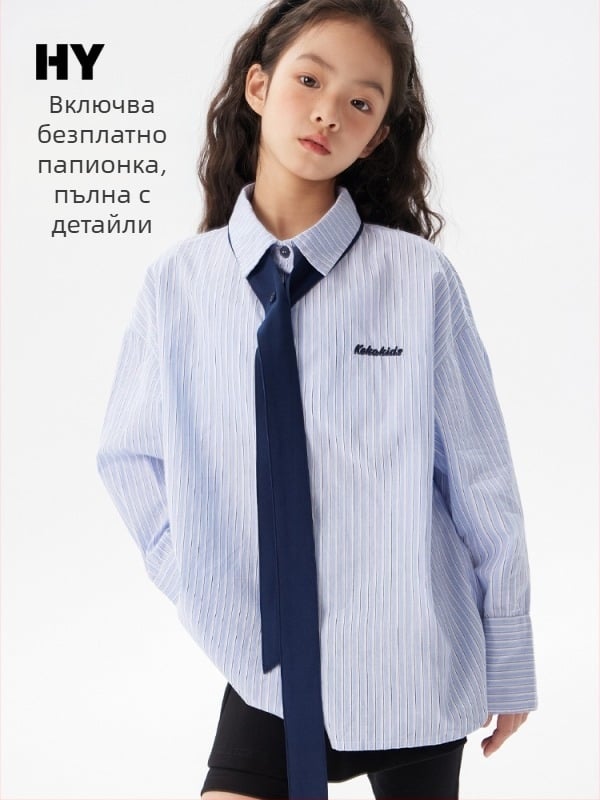 Детска риза в стил преппи с яка тип ла-пел, 100% памук, шарени ивици, дълги ръкави, Есен 2025