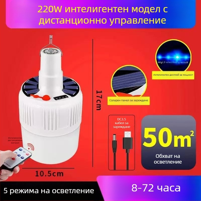 Соларна презареждаща LED крушка с дистанционно управление, E14, IP44, 50 lm, вградена литиева батерия