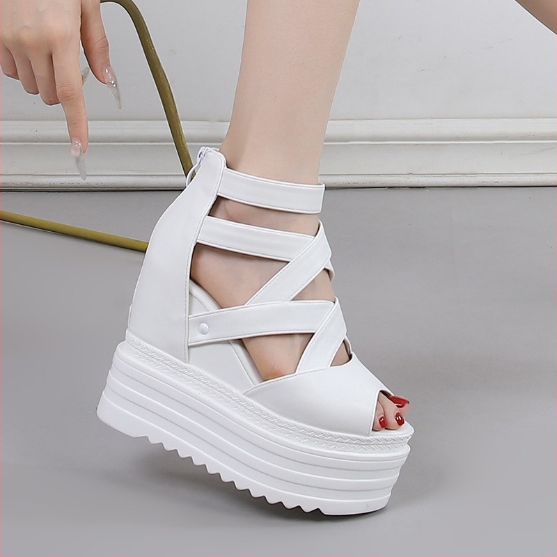 Платформени римски сандали с прорези, 13 см клин, микрофибър горна част, заден цип, подметка TPR