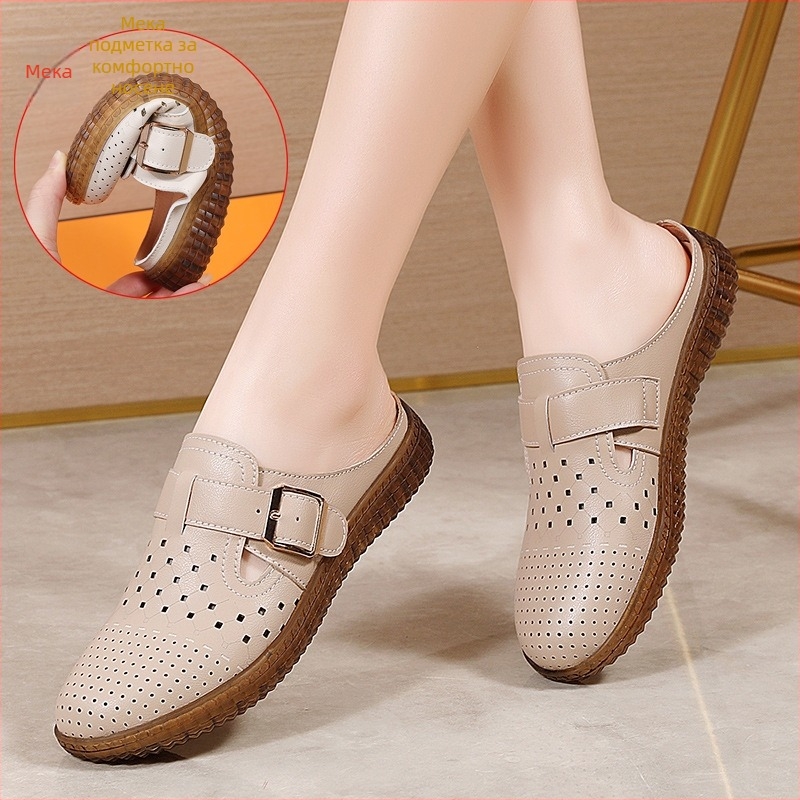 Дамски кожени обувки в стил Birkenstock за лято, горна част от кожа в два слоя, вътрешност от микрофибър, подметка PVC, равна подметка, леки и удобни