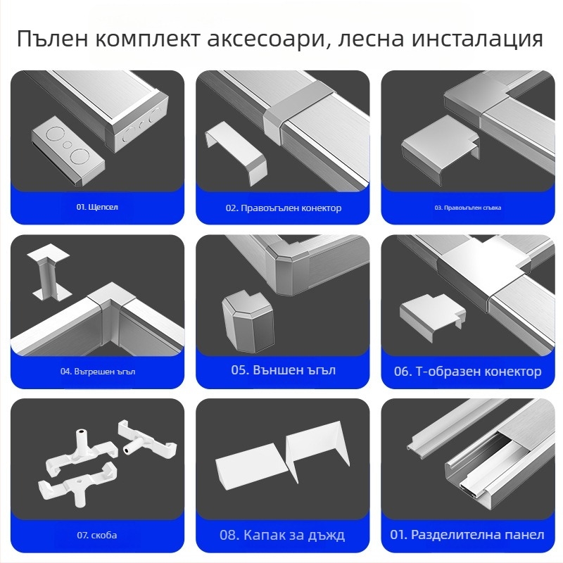 Алуминиев панелен кабелен канал, повърхностен монтаж, 86-разетка, скрити проводници